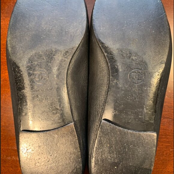 Authentic Chanel Lambskin Leather Ballet Flats 36.5 Black CC Bow Patent Cap Toe - Picture 10 of 16